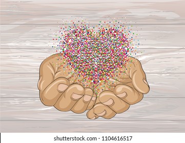 From open palms fly multi-colored confetti in the form of heart. Greeting card. Vector illustration on wooden background. Empty space for text labels and advertising.