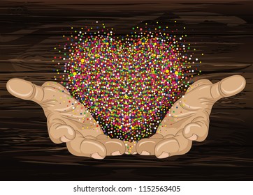 From open palms fly multi-colored confetti in the form of heart. Greeting card. Vector illustration on wooden background. Empty space for text labels and advertising.