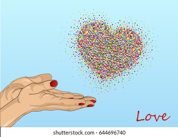 From open palms fly multi-colored confetti in the form of heart. Greeting card. Vector illustration. Empty space for text labels and advertising