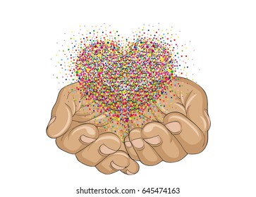 From open palms fly multi-colored confetti in the form of heart. Greeting card. Vector illustration. Empty space for text labels and advertising