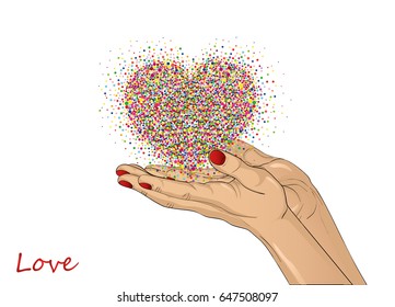 From open palms fly multi-colored confetti in the form of heart. Greeting card. Vector illustration. Empty space for text labels and advertising