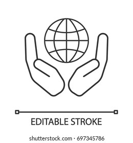 Open palms with globe linear icon. World care. Thin line illustration. Global problems solving. Contour symbol. Vector isolated outline drawing. Editable stroke