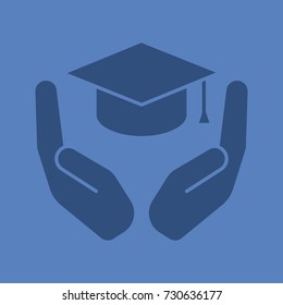 Open palms with graduation cap glyph color icon. Accessible education. Silhouette symbol. Getting diploma. Negative space. Vector isolated illustration