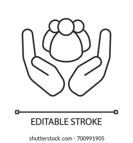 Open palms with group of people linear icon. Society care. Thin line illustration. Community contour symbol. Vector isolated outline drawing. Editable stroke