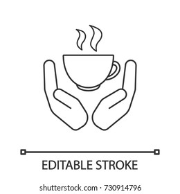 Open palms with hot drink cup linear icon. Free teacup, coffee cup. Thin line illustration. Coffee house. Contour symbol. Vector isolated outline drawing. Editable stroke