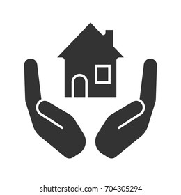 Open palms with house glyph icon. Real estate insurance. Silhouette symbol. Realty investment. Negative space. Vector isolated illustration