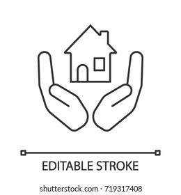 Open palms with house linear icon. Real estate insurance. Thin line illustration. Realty investment. Contour symbol. Vector isolated outline drawing. Editable stroke