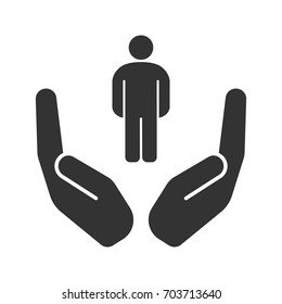 Open palms with human glyph icon. Silhouette symbol. Taking care of people. Negative space. Vector isolated illustration