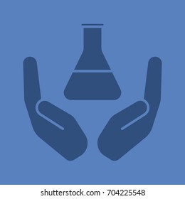 Open palms with lab flask glyph color icon. Silhouette symbol. Laboratory supplies. Negative space. Vector isolated illustration