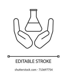 Open palms with lab flask linear icon. Chemical engineering. Thin line illustration. Contour symbol. Laboratory supplies. Vector isolated outline drawing. Editable stroke
