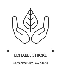 Open palms with leaf linear icon. Environment protection. Thin line illustration. Nature care. Contour symbol. Vector isolated outline drawing. Editable stroke