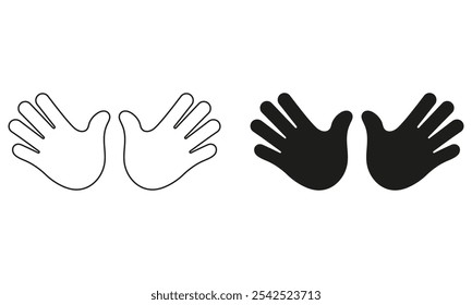 Open Palms Line and Silhouette Sign. Two Open Hands for Greeting or High Five Gestures Set. Double Hands Emoji Icon. Editable Stroke. Isolated Vector Illustration.