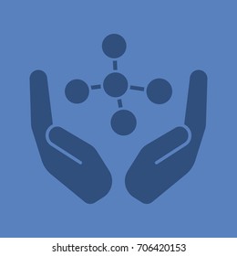 Open palms with molecule glyph color icon. Silhouette symbol. Chemical engineering. Negative space. Vector isolated illustration