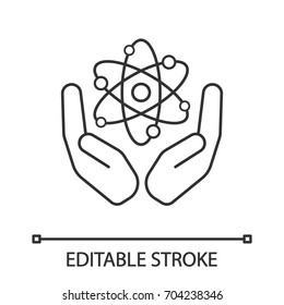 Open palms with molecule linear icon. Thin line illustration. Atoms for peace. Contour symbol. Safe nuclear power. Vector isolated outline drawing