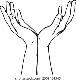 Open Palms praying, begging, offering or receiving gesture black and white illustration