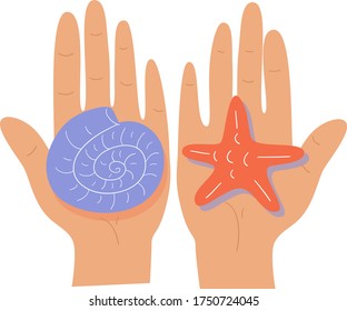 Las palmeras abiertas con una concha y una estrella de mar. Relajación en la playa, ilustración de vacaciones