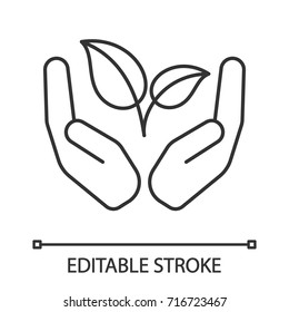Open palms with sprout linear icon. Environment protection. Thin line illustration. Nature care. Contour symbol. Vector isolated outline drawing. Editable stroke