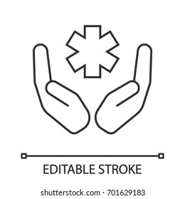 Open palms with star of life linear icon. Health care. Thin line illustration. Medical services. Contour symbol. Vector isolated outline drawing. Editable stroke