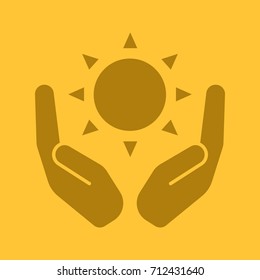 Open palms with sun glyph color icon. Using solar energy. Silhouette symbol. Nature care. Negative space. Vector isolated illustration