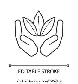 Open palms with tea leaves linear icon. Tea harvesting and processing. Thin line illustration. Contour symbol. Vector isolated outline drawing. Editable stroke