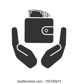 Open palms with wallet and money glyph icon. Cash. Silhouette symbol. Money saving. Negative space. Vector isolated illustration