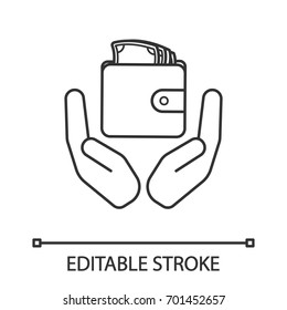 Open palms with wallet and money linear icon. Cash. Thin line illustration. Savings contour symbol. Vector isolated outline drawing. Editable stroke