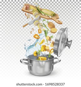 An open pan with a splash of water chopped with a knife chopped pepper, zucchini, potatoes, onions, chopped onions, garlic. recipe for soup, stew, hot meal.