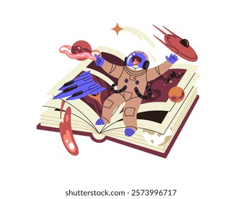 Open paper book about interstellar adventures of astronauts. Literature about astronautic travels, journey. Fantasy story of cosmonaut in space, cosmos. Flat isolated vector illustration on white