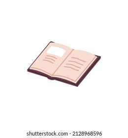 Open paper book with abstract notes. Notebooks pages. Kids literature, school textbook. Diary, notepad. Journal with picture and text. Flat vector illustration isolated on white background