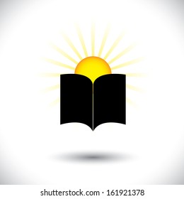 Open paper book or booklet icon with rising sun - concept vector. The graphic can represent concepts like knowledge, children starting schooling, improving knowledge, etc
