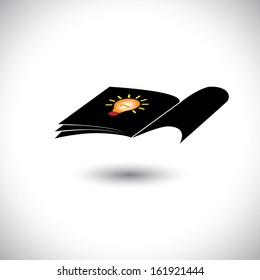Open paper book or booklet icon with idea ( bulb ) - concept vector. The graphic can represent concepts like knowledge, idea, intellectual property, learning, library, encyclopedia, patent, etc