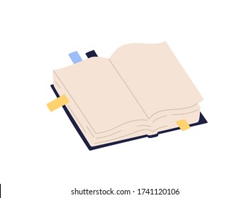 Open paper book with empty pages and colorful bookmarks vector illustration. Colored notebook with stickers isolated on white background. Textbook or organizer in hardcover