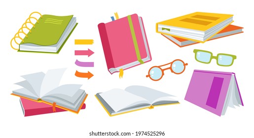 Open paper book hand drawn cartoon set. Notepad, book, sketchbook and glasses flat collection. Office stuff, learning school. First day school, Education concept icon kit. Back to School vector