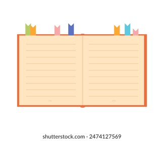 Open paper book, notebook with bookmarks for reading and studying vector illustration