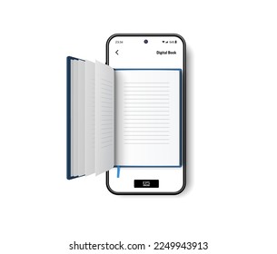 Open paper book on screen of mobile phone. Digital literature for learning and reading online. 3D Realistic vector illustration on white background. Education, electronic library, knowledge concept