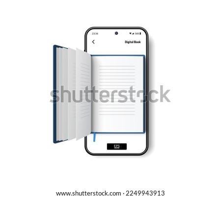 Open paper book on screen of mobile phone. Digital literature for learning and reading online. 3D Realistic vector illustration on white background. Education, electronic library, knowledge concept