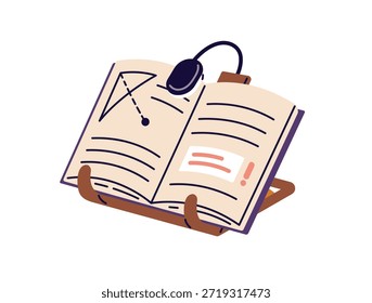 Offenes Papierbuch steht mit Lampe auf dem Stand. Lehrbuch für Geometrie lernen, Hausaufgaben machen. Unterrichtsliteratur zum Lesen, Mathematik studieren, Schulfächer. Flache, einzelne Vektorgrafik auf Weiß