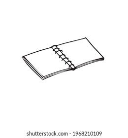 Offenes Buch zum Lesen, Schwarz-Weiß-Illustration. Handgezeichnete Skizze einzeln auf weißem Hintergrund.