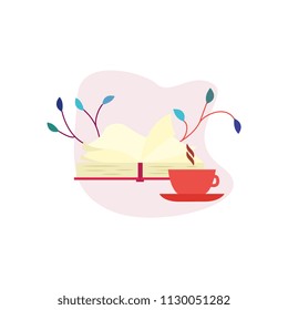 Open paper book with red hardcover and cup of hot coffee or tea isolated on white background with decorative elements - literary object for education or reading leisure in flat vector illustration.