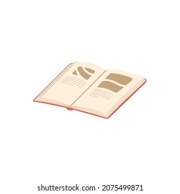 Open paper book. School textbook with pages with abstract text and pictures. Modern fiction literature. Novel for reading. Flat vector illustration isolated on white background