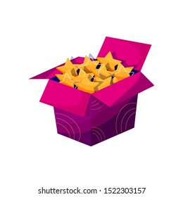 Open paper box filled with yellow stars - vector illustration in modern flat design with outline. Present for birthday, christmas or other holidays and occasions