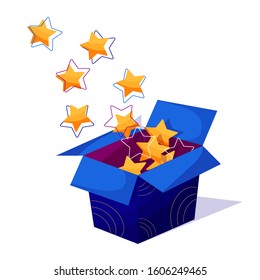 Open paper box filled with yellow stars - vector illustration in modern flat design with outline. Decoration element for greeting cards for birthday, christmas or other holidays and occasions
