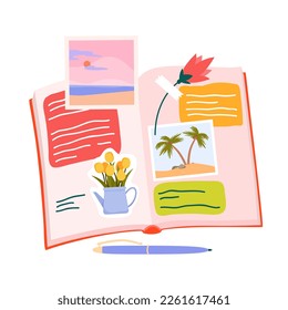 Open paper diary vector illustration. Cartoon cute notebook for handwritten notes, top view of book or journal with beautiful flower and leaf, travel photo on pink pages, pen on desk to write memory