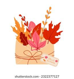 An open paper envelope with autumn leaves maple, branch of a plant. Autumn colors. Signed Hello Autumn . Vector autumn illustration.