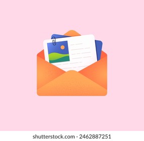 Open paper envelope with document and attachment. Mail, letter, postal service. Sending or receiving email. Correspondence, communication concept. Inbox mail. Isolated flat vector illustration