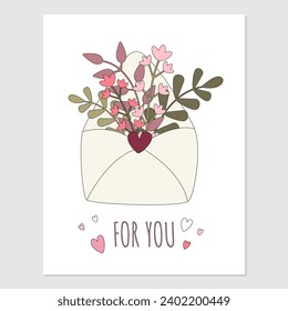 Open paper envelope with flowers. Hand drawn cute greeting card for Valentine's day, birthday, wedding. Text, lettering, phrase "For you". Vector illustration of postcard templates