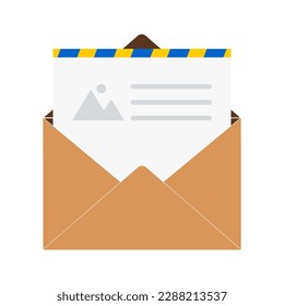 Offener Briefumschlag auf Papier mit Postkarte oder Brief auf weißem Hintergrund. Vektorgrafik.
