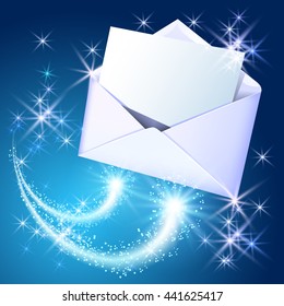 Open paper envelope and sheet letter flying with sparkle stars on blue background