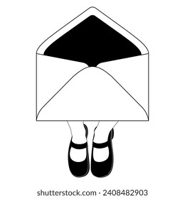 Open paper envelope standing on cute female fett wearing mary jane shoes. Black and white silhouette. Creative communication design.