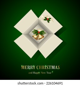 Open paper gift box on green background with bells and holly berry, illustration.